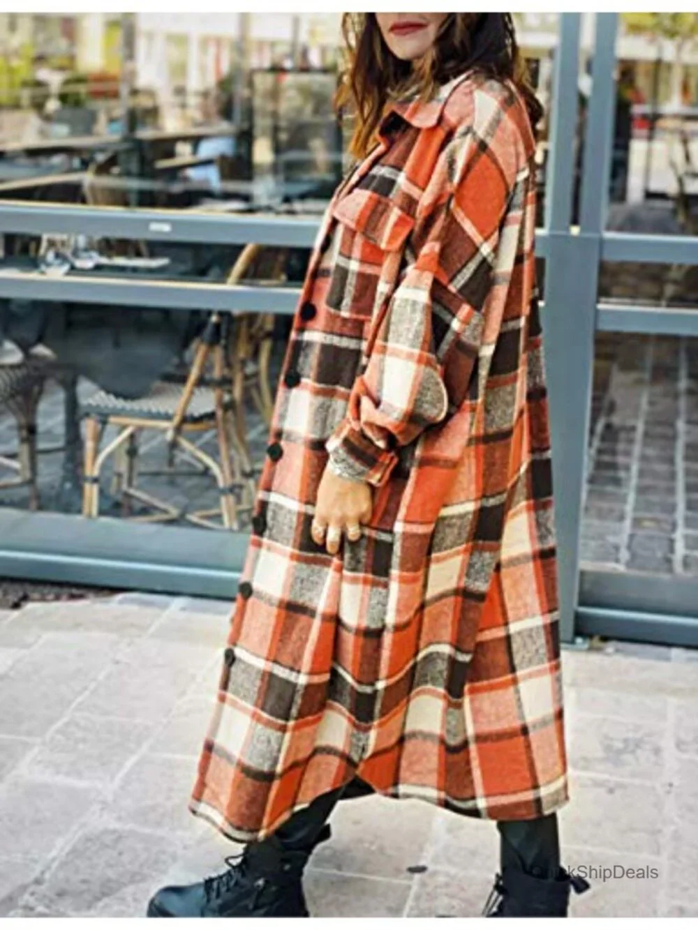 Wool Blend Plaid Flannel Trench Coat Women Button Down Long Shacket